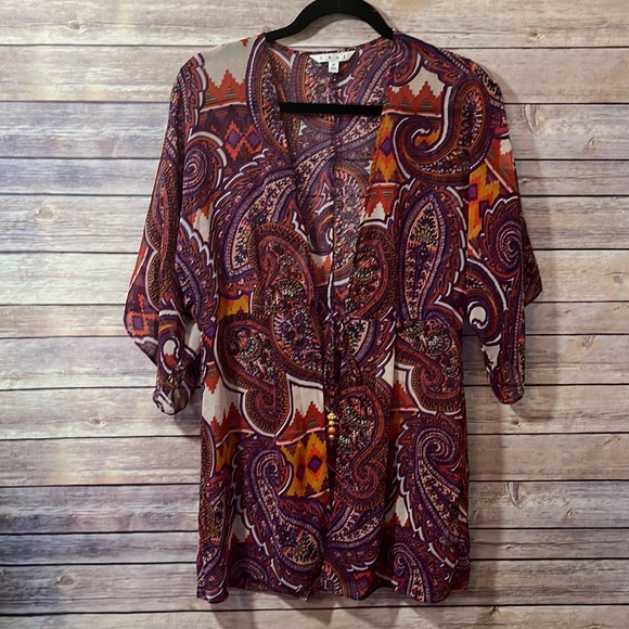 ⭐️ Cabi Kimono Jacket M Purple Orange Paisley Swim Cover Up Tie Front #84 B1 - Picture 2 of 9